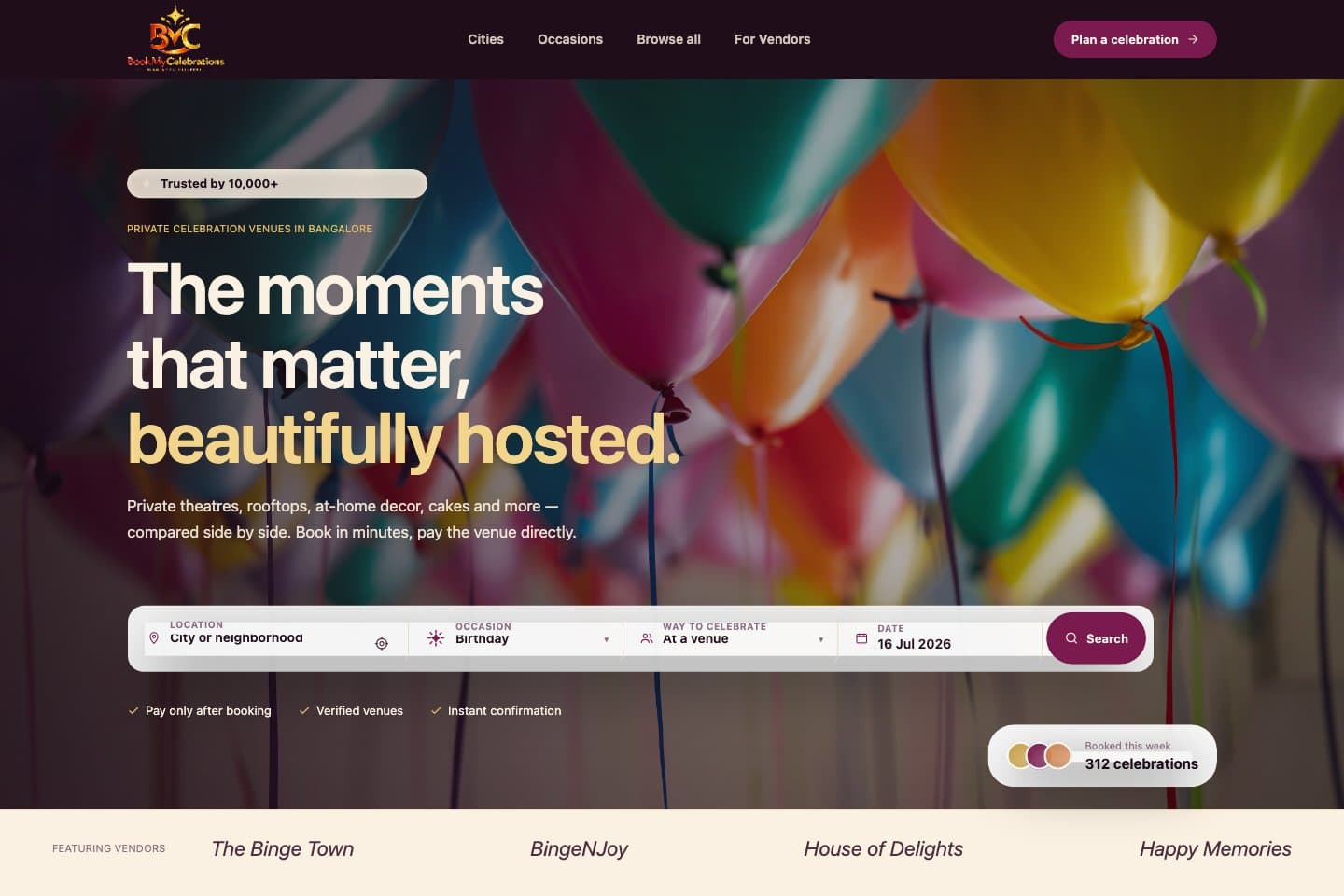 BookMyCelebrations — India's marketplace for private celebrations